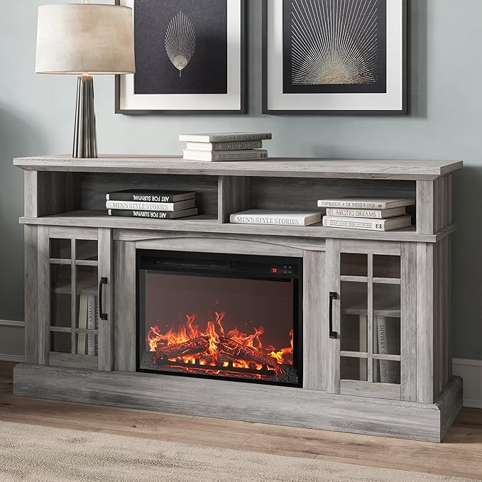 BELLEZE Traditional 58" Rustic TV Stand with 23" Electric Fireplace Heater with Sound, Media Entertainment Center Console Table for TV up to 65" with Open Storage Shelves and Cabinets - Grey Wash