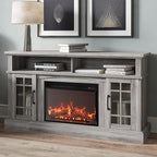 BELLEZE Traditional 58" Rustic TV Stand with 23" Electric Fireplace Heater with Sound, Media Entertainment Center Console Table for TV up to 65" with Open Storage Shelves and Cabinets - Grey Wash