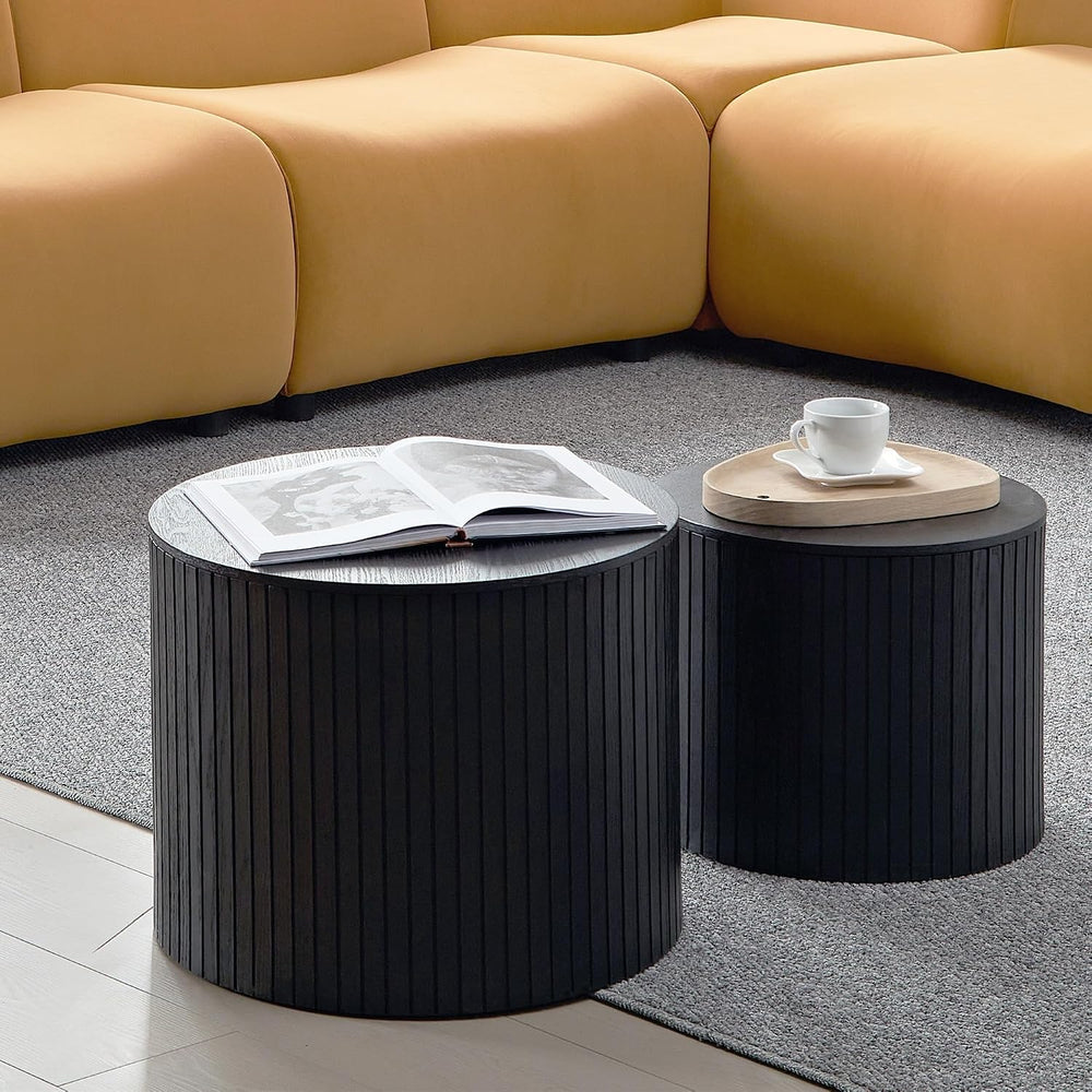 Round Nesting Coffee Table Set of 2, Wood Side Tables with Storage | Fluted W...