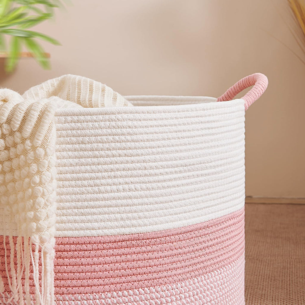 CLHMILY&Z Round Cotton Rope Storage Basket - 22x14.2 Inches - Cute Nursery Bin, Baby Toy Organizer, Pink Organizer for Home Decor, Multi-Purpose Home Tidy Solution
