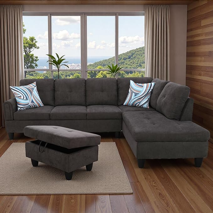 Sectional Couches for Living Room with Movable Chaise & Storage Ottoman - 97.5" Linen L Shaped Couches for Living Room Apartment, 4 Seat Home Furniture Modular Sectional Sofas, Dark Brown