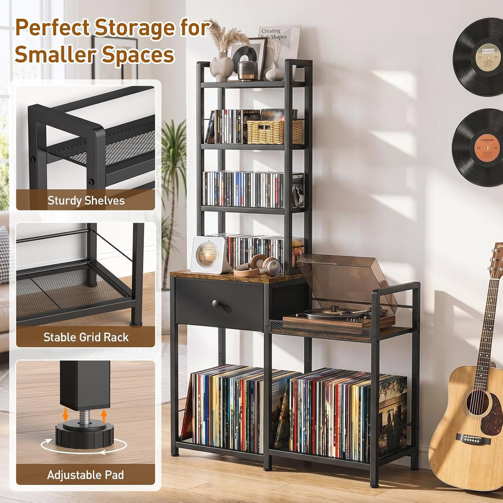 ikkle CD Rack with Drawer, 7-Tier DVD Organizer Shelf with Vinyl Storage | Media Storage Rack for CDs/DVDs, Vinyl Records, Books & Games, Ideal for Living Room & Home Office, 32.1x11.8x57.2 in, Brown