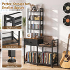 ikkle CD Rack with Drawer, 7-Tier DVD Organizer Shelf with Vinyl Storage | Media Storage Rack for CDs/DVDs, Vinyl Records, Books & Games, Ideal for Living Room & Home Office, 32.1x11.8x57.2 in, Brown