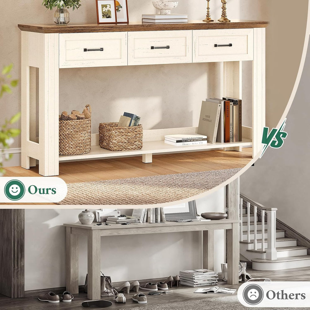 55" Farmhouse Console Table with 3 Drawers, Rustic Entryway Table with O...