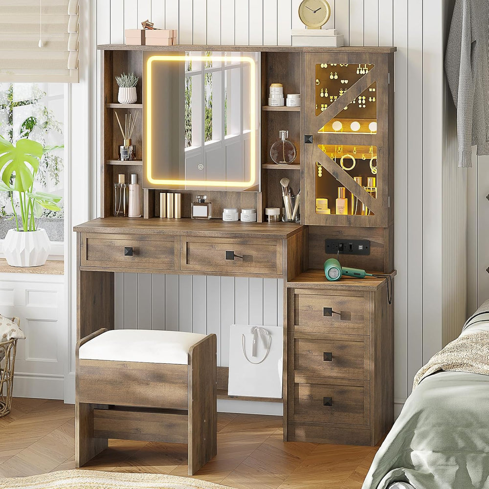AOGLLATI Farmhouse Vanity Desk with Mirror and Lights, Makeup Vanity Set with...
