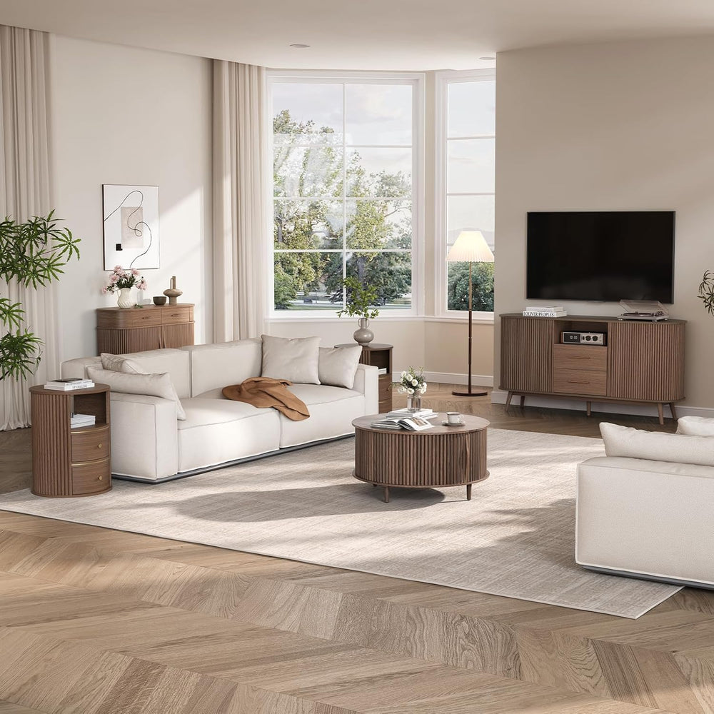 JOINICE,Round Coffee Table with Storage, 31.5" Fluted Center Table for L...
