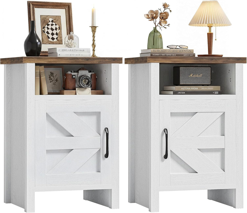 JUMMICO Farmhouse Nightstand, Modern Bedside Table with Barn Door and Shelf, ...