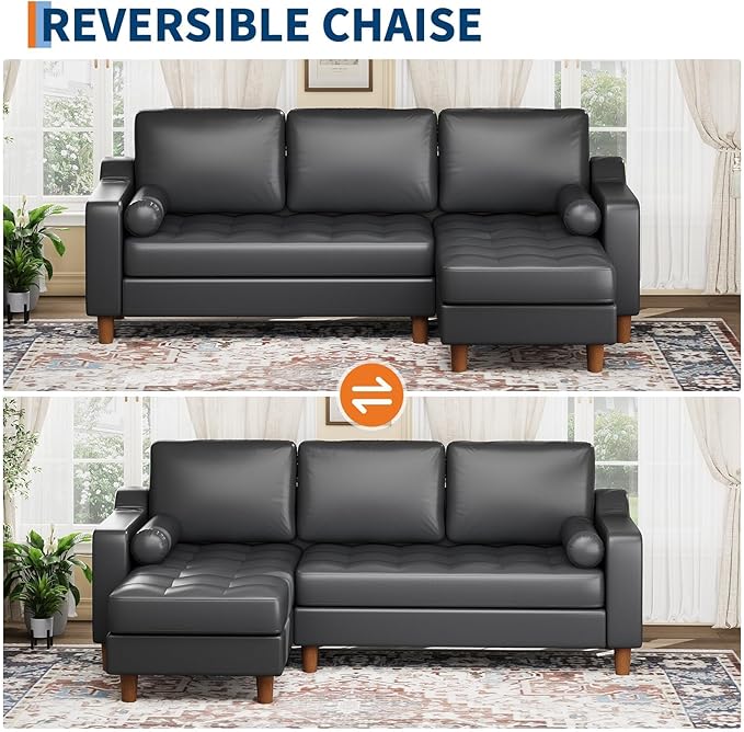 GarveeHome 88.9" L-Shape Couch with Convertible Chaise, Sectional Sofa with Deep Seat, Modern Mid-Century Leather Sofa for Living Room, 3 Seat Comfy Leather Couch, Black