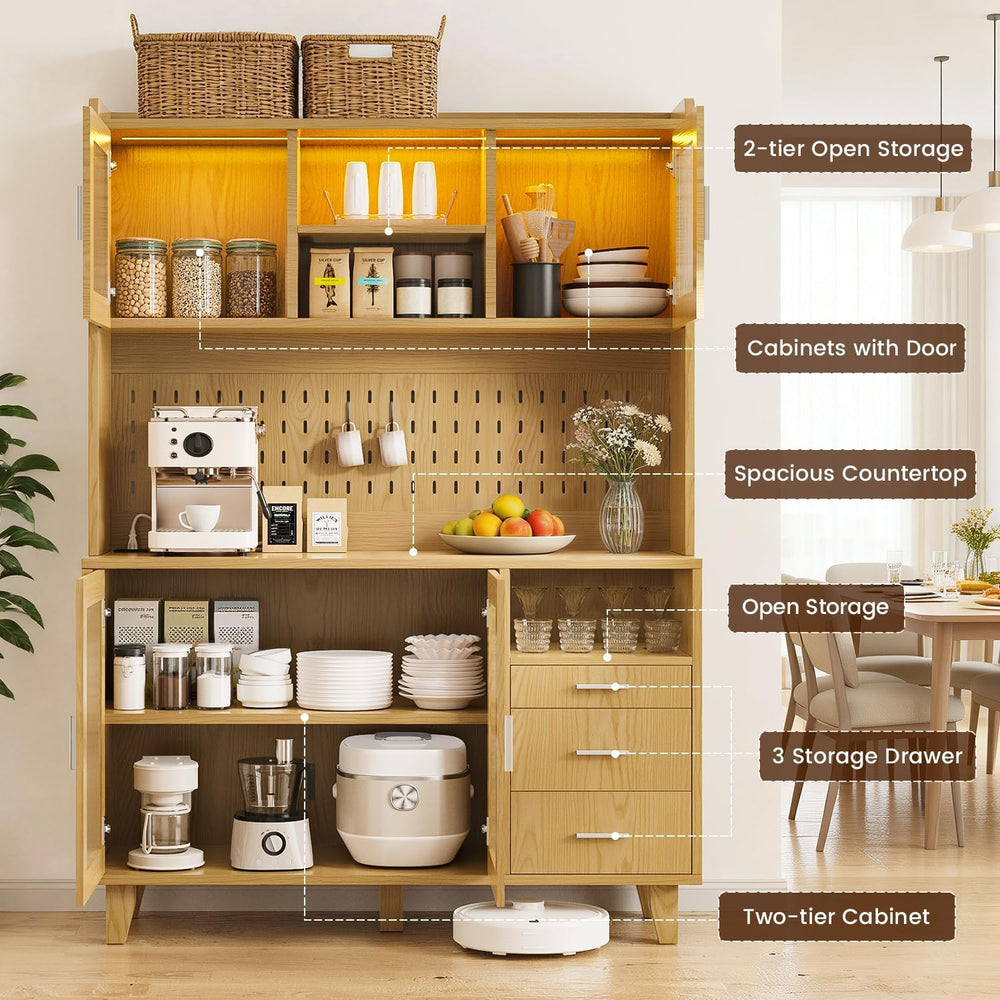 71" Tall Kitchen Pantry Cabinet with Remote LED Light & Charging Sta...