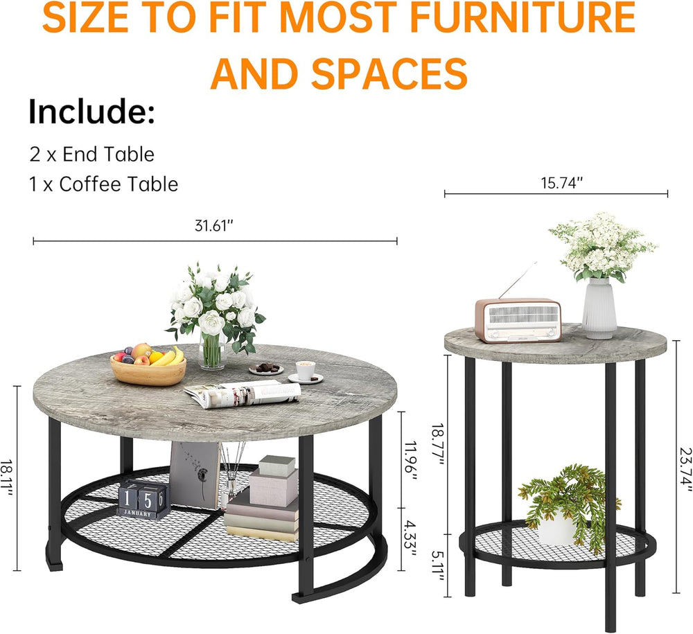 DKLGG 3-Piece Coffee Table and End Table Sets for Living Room, Round Coffee T...