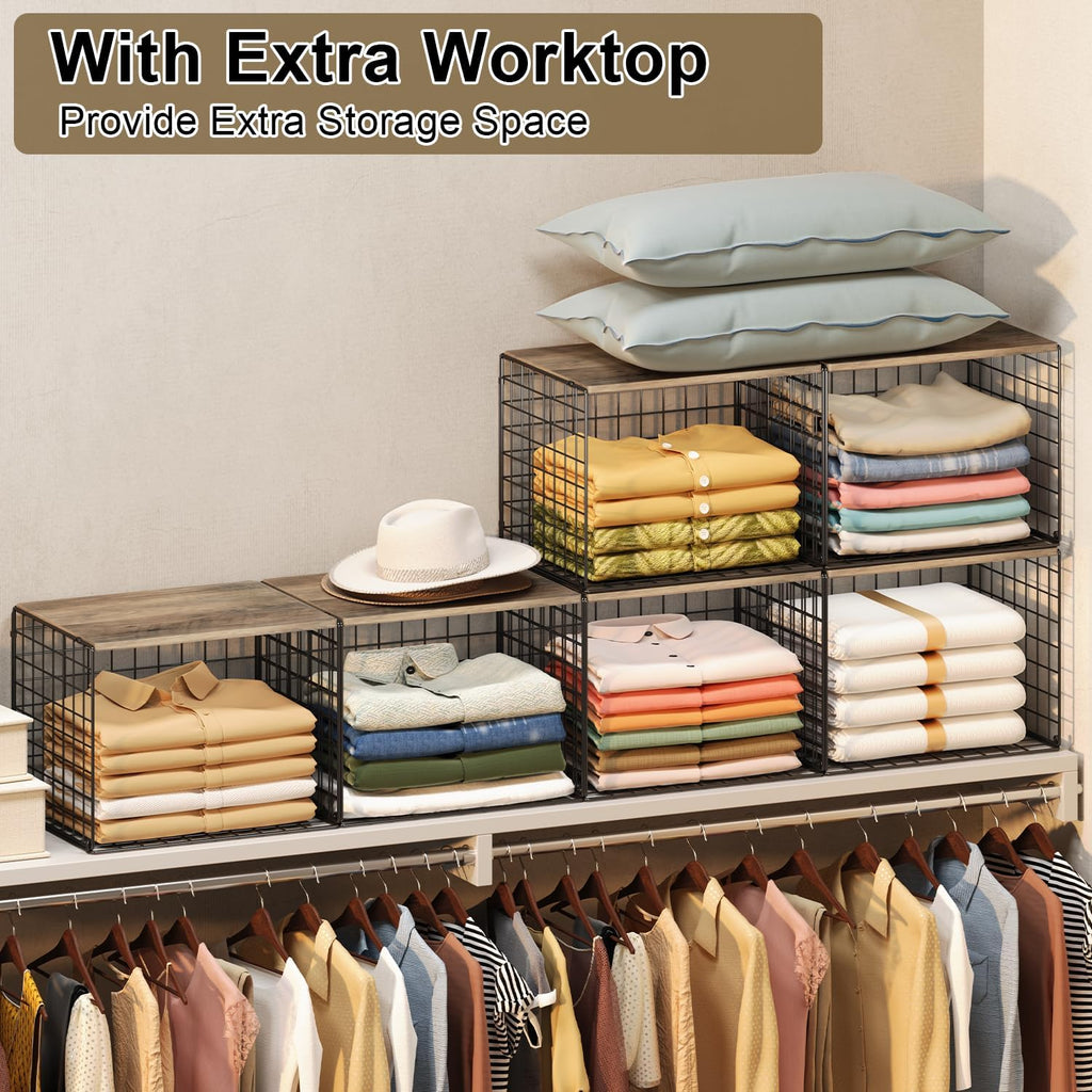4PCS Wider Closet Organizers and Storage, Stackable Closet Shelf Organizer Storage Bins with Wood Top for Sweaters Jeans, Clothes Organizer Shelves for Wardrobe System Rack, Space-Saving,Sturdy Metal