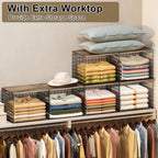 4PCS Wider Closet Organizers and Storage, Stackable Closet Shelf Organizer Storage Bins with Wood Top for Sweaters Jeans, Clothes Organizer Shelves for Wardrobe System Rack, Space-Saving,Sturdy Metal