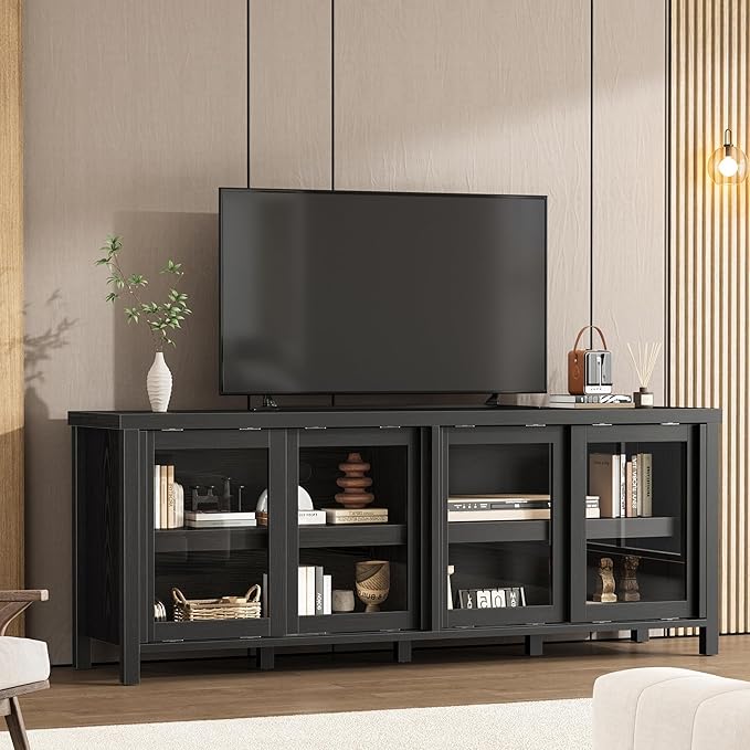 GAOMON TV Stand for 65" with Entertainment Center, Storage Cabinet, 4 Sliding Glass Doors, Mid Century Modern Media TV Console Table for Living Room Bedroom, Black