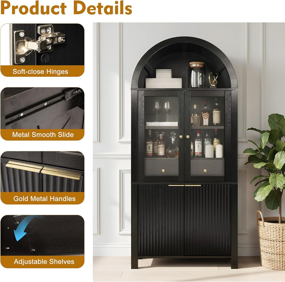 71" Fluted Arched Glass Door Cabinet, Tall Display Cabinet with Adjustab...