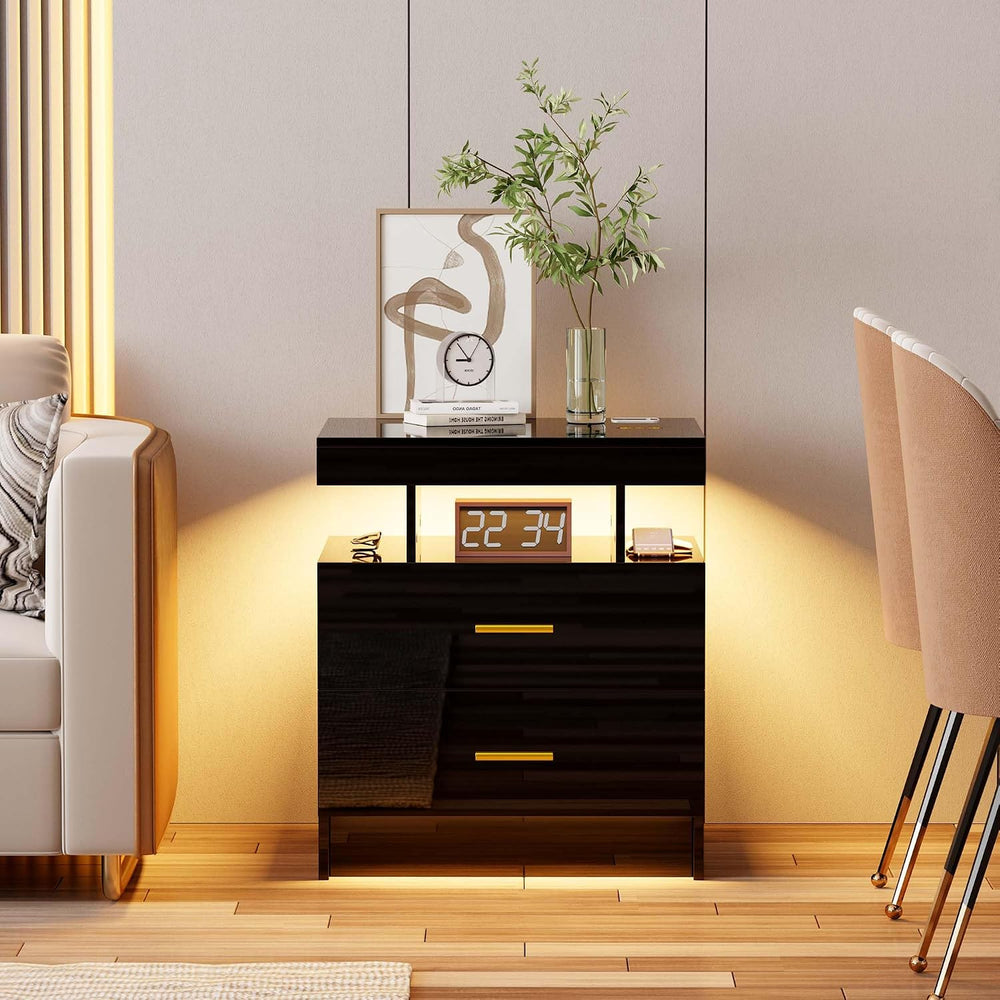Lvifur Smart Nightstand with RGB Lights & Wireless Charging Station - Bla...