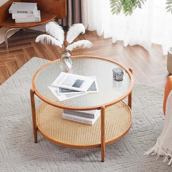 VINGLI 30" Rattan Coffee Table, Round Water-Wave Glass Metal Center Table, Modern Coffee Table with 2-Tier Storage, Farmhouse Circular Coffee Tables for Living Room and Small Space, Natural Vibe