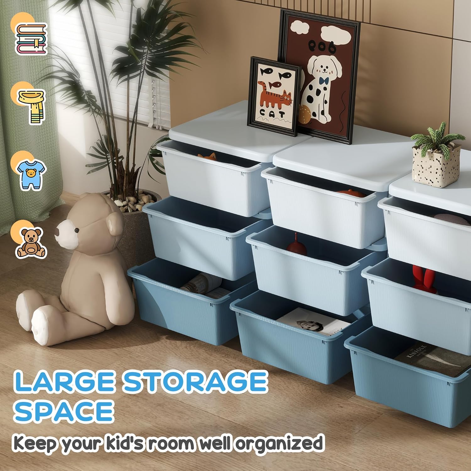 Qaba 3 Tier Kids Storage Unit, 9 Drawer Chest Toy Organizer Plastic Bins for Kids Bedroom Nursery Kindergarten Living Room for Boys Girls Toddlers, Blue