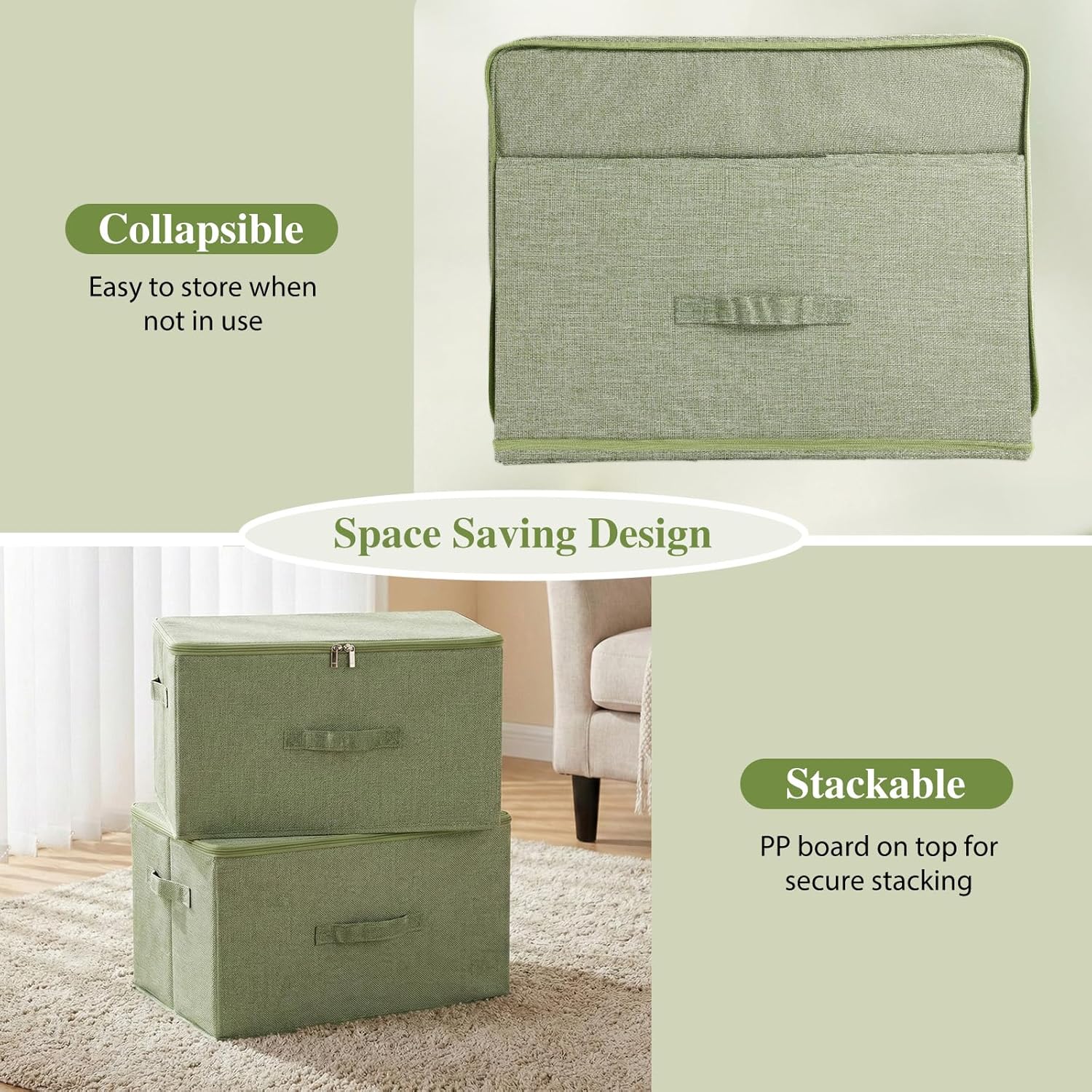 ANMINY Fabric Storage Bins with Zipper Lids, 15"x10"x6", Green, 1 PCS | 15.6Qt Cotton Linen Storage Box, PP Board Frame, Washable Collapsible, with Handles & 3-side Open Lid, Stackable, Small