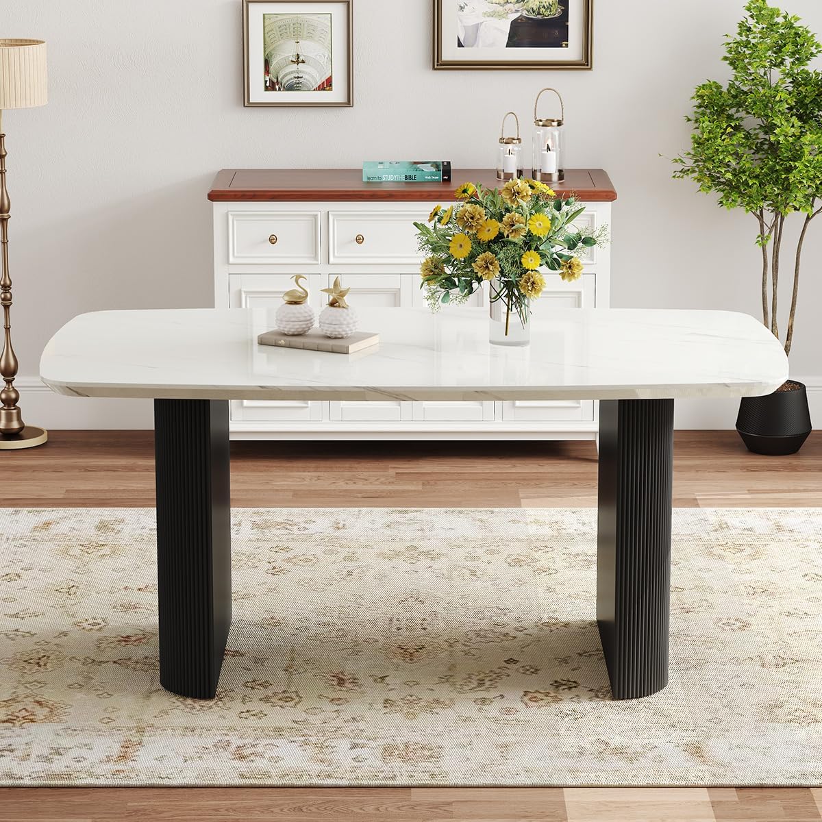 Ebullient White Marble Dining Table for 6–8, 67'' Modern Oval Kitchen Table with 3.5'' Thick White Marble-Patterned Tabletop and Matte Black Column Legs, Large Dining Room Table