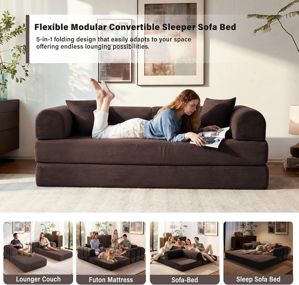 79" Convertible Sofa Bed, 5-in-1 Corduroy Couch Bed Sofa Pull Out, Memor...