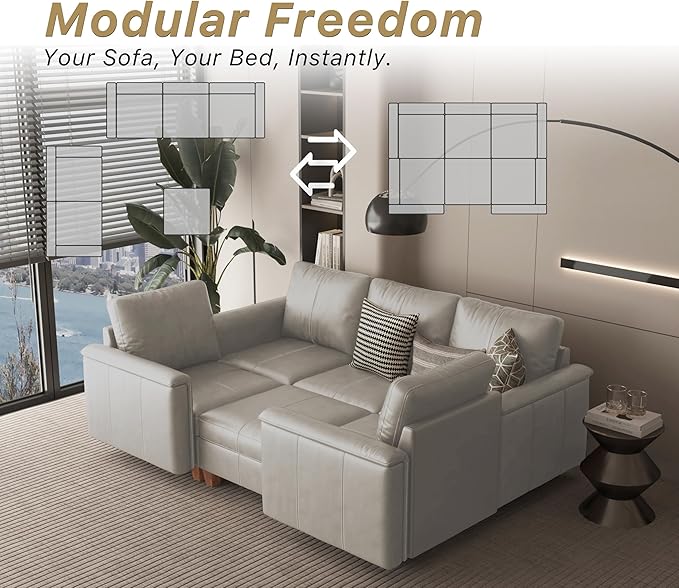 SITJOY Faux Leather Modular Sectional Sofa with Storage, Mid Century Modern Sectional Couches for Living Room, Soft Padded Armrests, 6 Seat Couch and Loveseat Sets with Ottoman, Greige