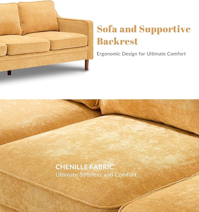 Kingfun 80" Chenille Sofa, 3 Seater Couch, Mid Century Modern Couches with Solid Wood Legs for Living Room, Yellow