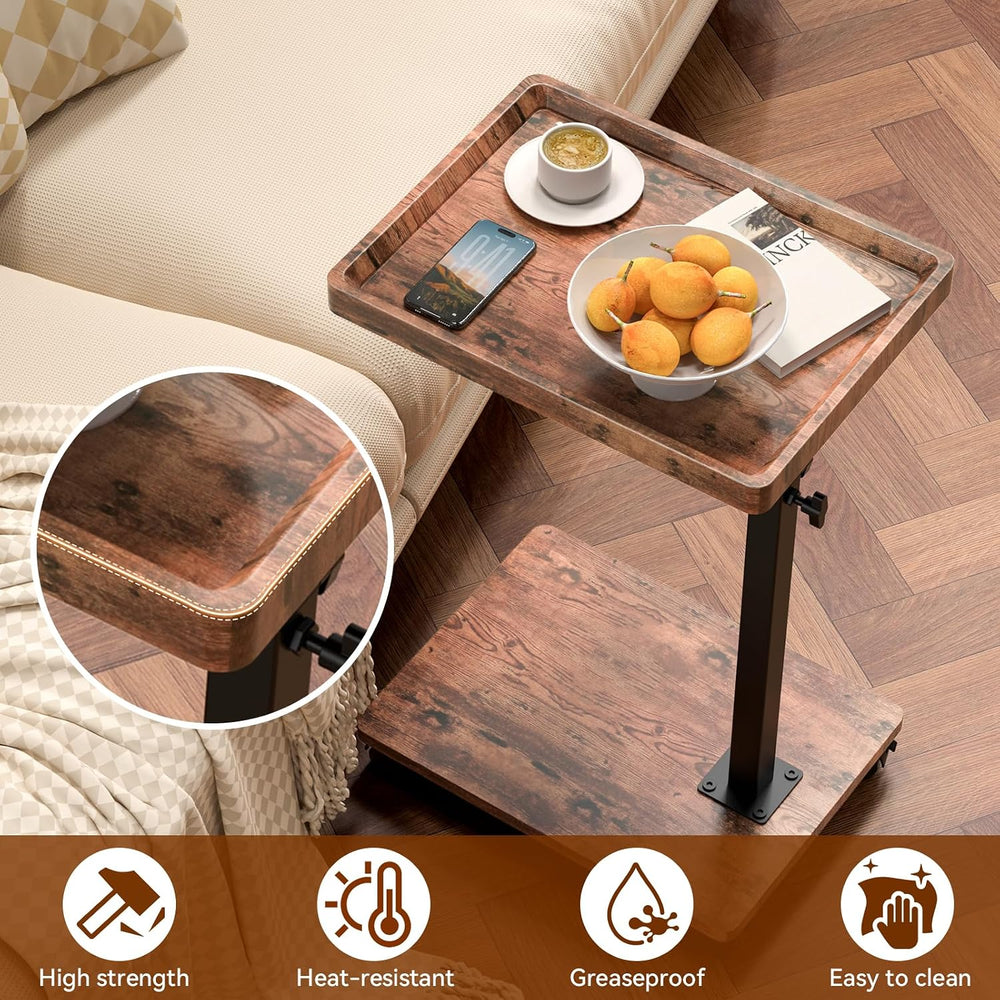 C Table Side Table Adjustable Height, 360°Swivel TV Tray Table with Wheels, S...