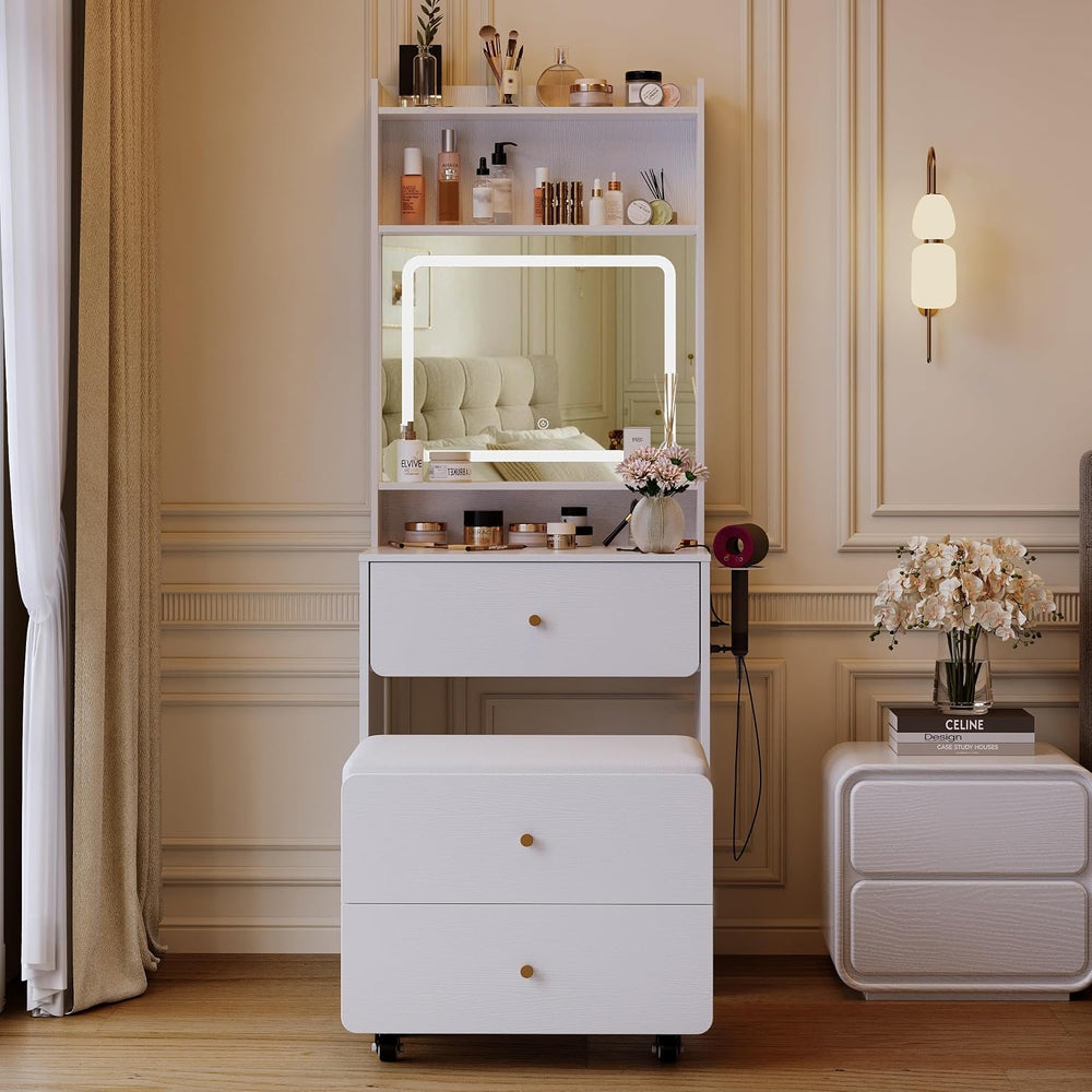 Fameill Women White Vanity Desk,23.6” Small Vanity Desk with Mirror and Light...