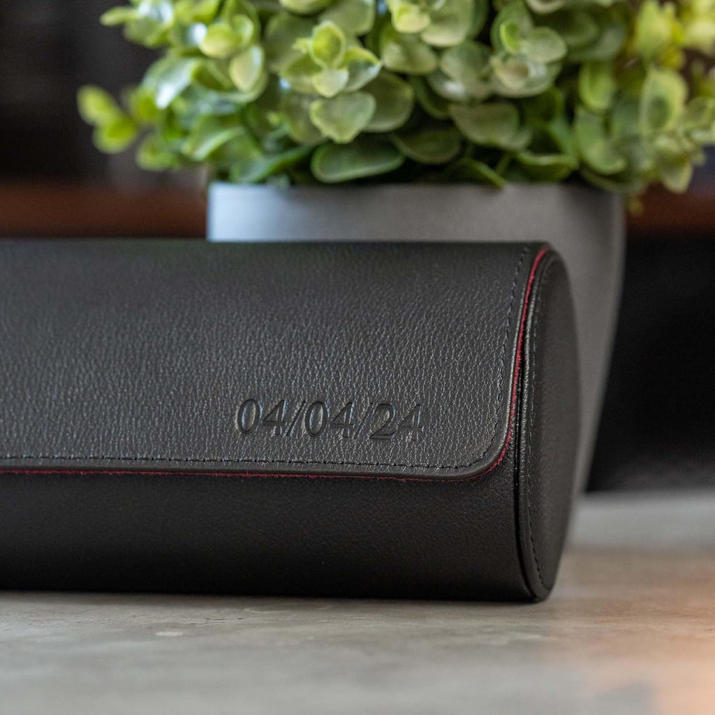 DailyWatch | Personalized Watch Roll Travel Case For 2 Watches - Handmade Genuine Leather Travel Case With Custom Engraving of Name or Initials - Black Cherry