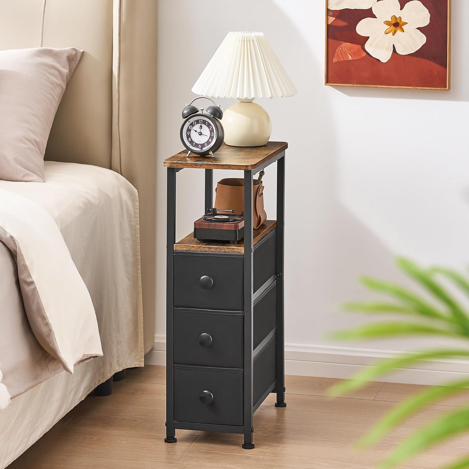 DALEMHOME End Table, Narrow Side Table with 3 Fabric Drawers, Slim Nightstand, Small Bedside Table with Storage, Living Room, Bedroom, Rustic Brown HKET1300BR