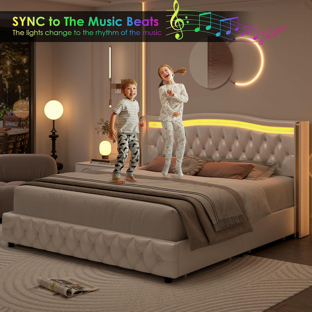 Upholstered Queen Size Bed Frame with LED Light & Storage, White PU Leather