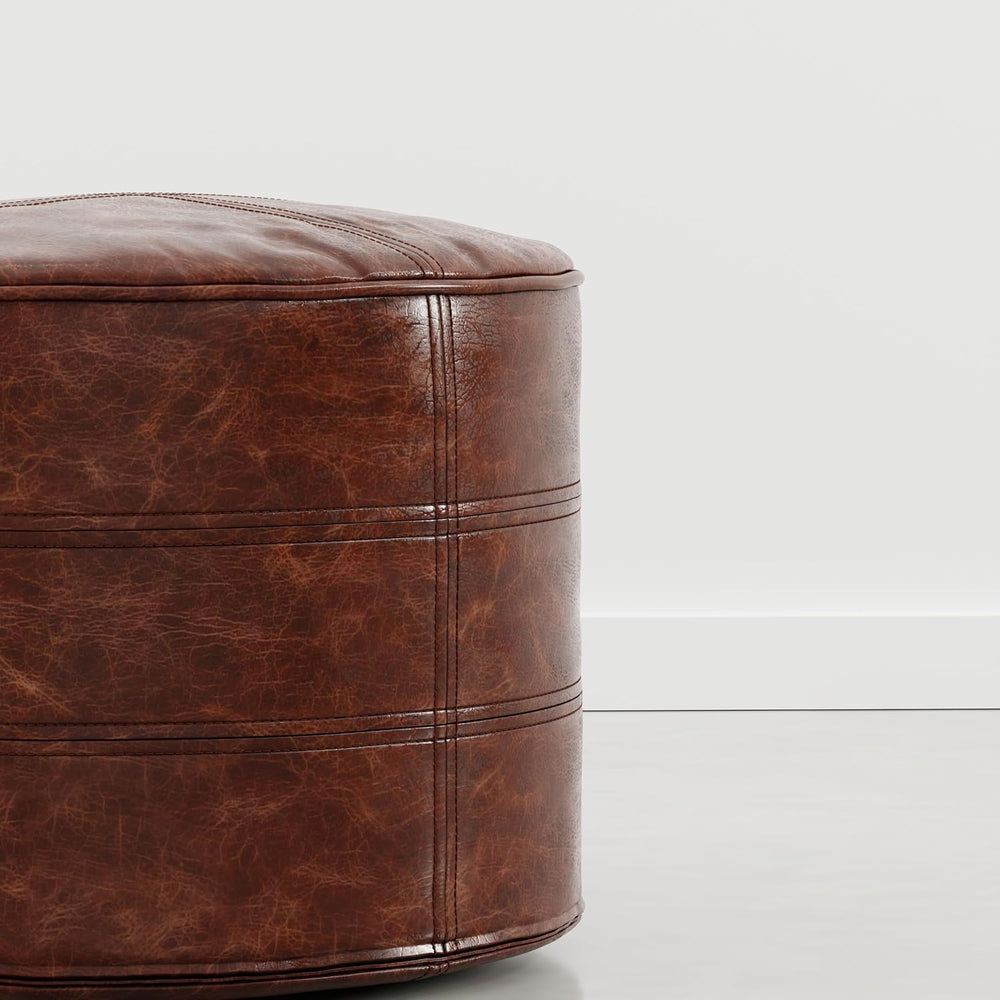 SIMPLIHOME Connor 18" Wide Genuine Leather Round Pouf in Weathered Camel...