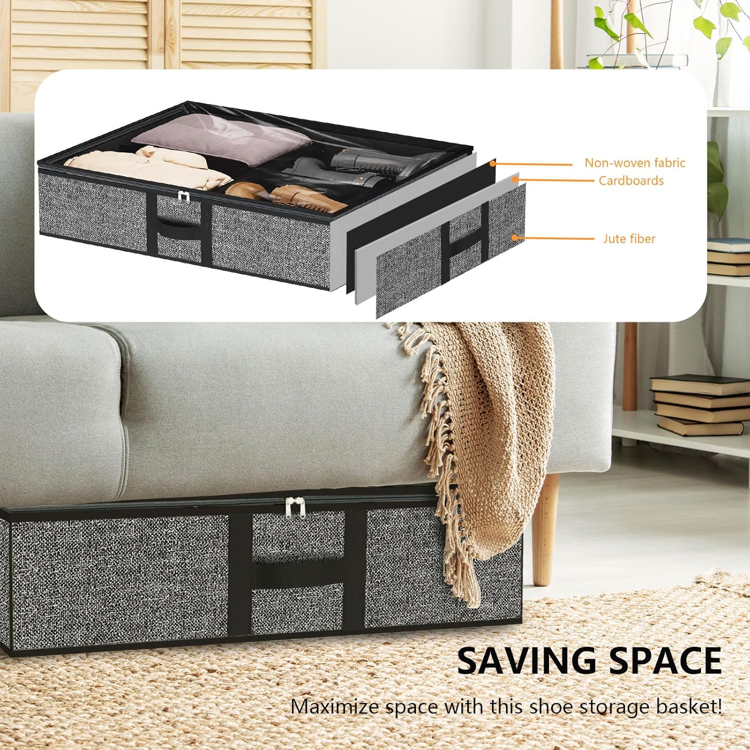 homyfort Under the Bed Shoe Organizer Fits 12 Pairs and 4 Pairs Boots,Sturdy & Breathable Materials,Underbed Storage Solution for Kids Men & Women Shoes,Great Space Saver for Your Closet Set of 2