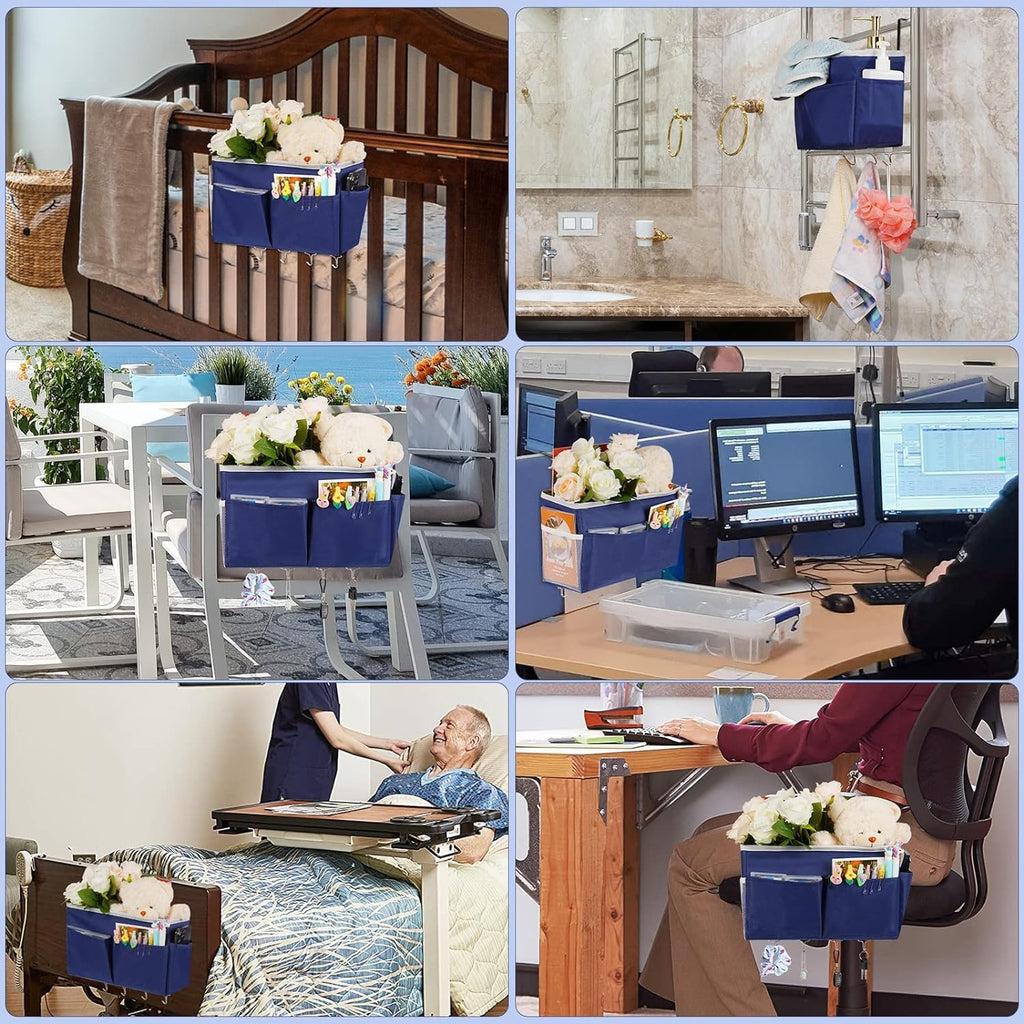 Bedside Storage Organizer 5 Pockets with 4 Hooks Hanging Storage Bag for Headboards/Bunk Bed (2Pack Dark Blue)