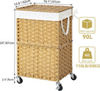 Chrislley 90L Slim Laundry Hamper with Wheels, Rolling Laundry Basket with Lid and Renovable Liner Bag, Handwoven Rattan Organizer for bedroom, bathroom, laundry room (Yellow)