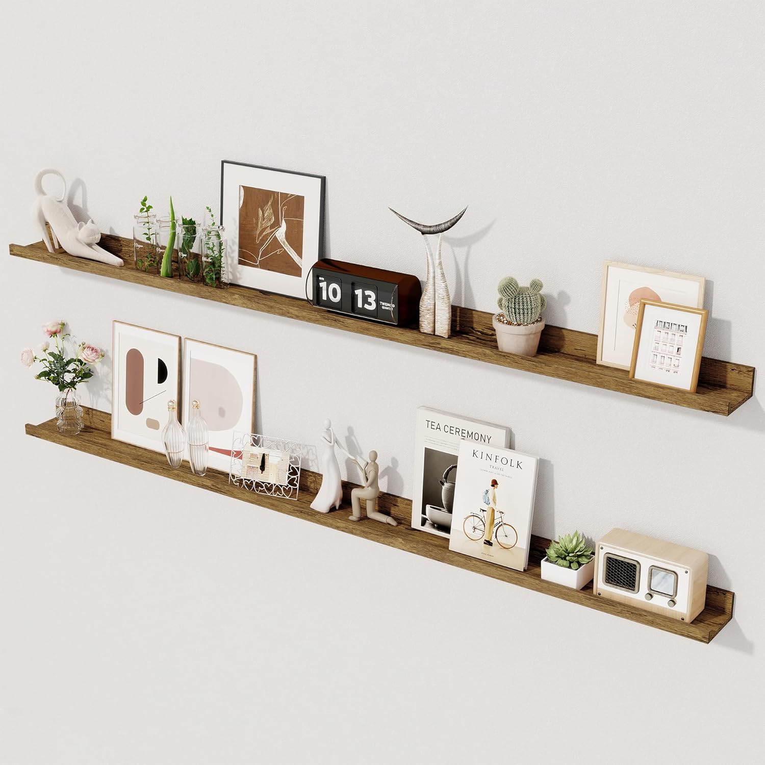 Axeman 55 Inch Floating Shelves - Picture Ledge Shelf Set of 2 - Rustic Brown Wall Shelves with Lip - Picture Shelf for Wall with Ledge - Photo Ledge Shelves for Pictures Nursery Books