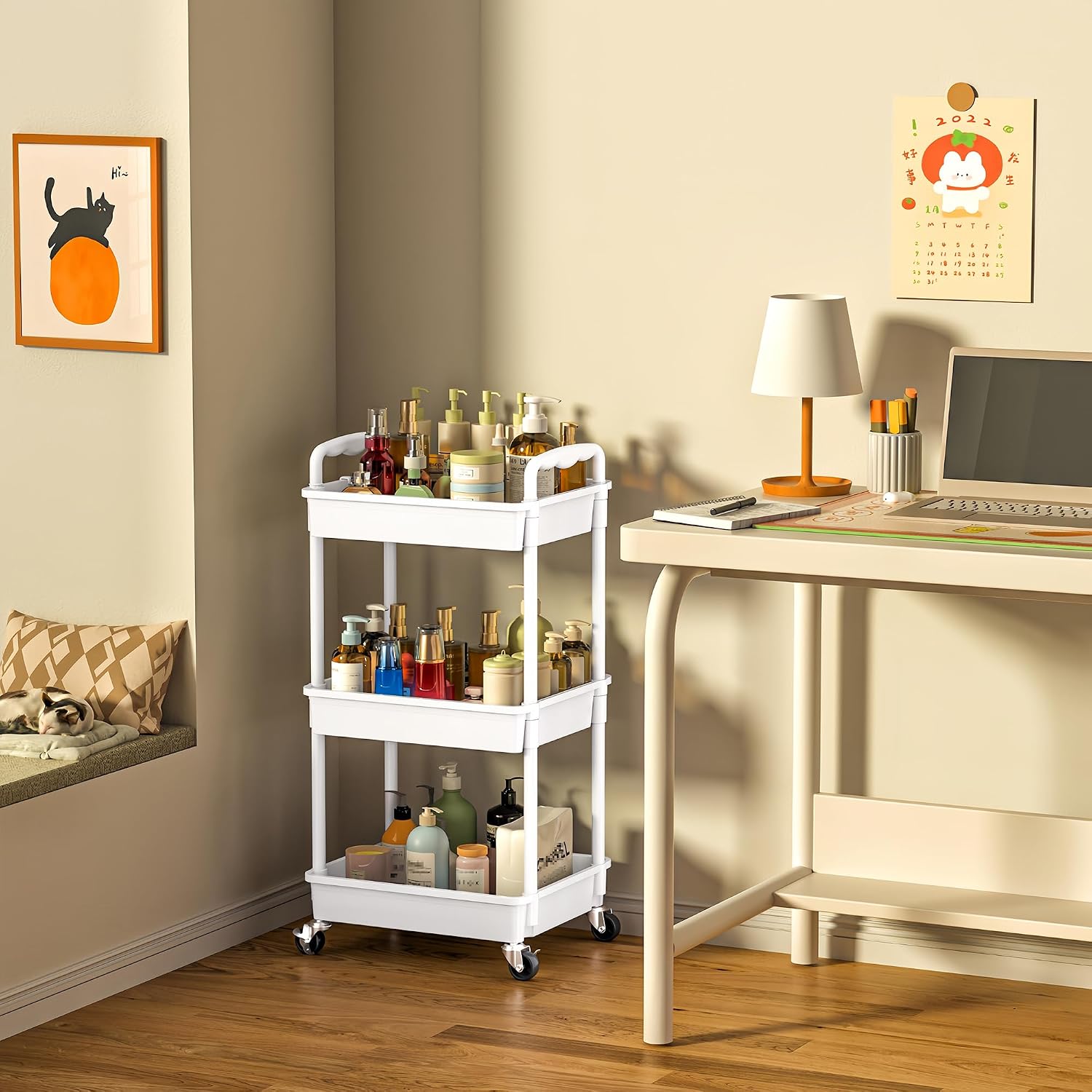 SUNALLY 3-Tier Rolling Cart with 2 Lockable Wheels, Multifunctional Storage Organizer for Bathroom, Kitchen, Office, Craft, Makeup, Baby Essentials, White
