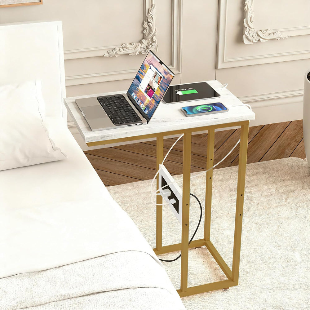 VECELO C-Shaped End Side Table Set of 2, with Charging Station & Two USB ...
