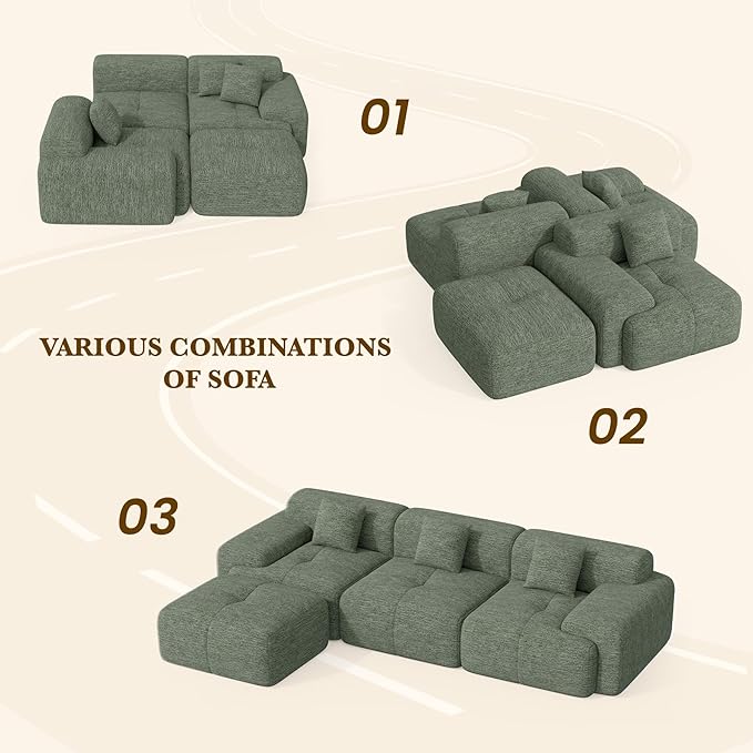 122" L Shaped Convertible Modular Couch, Cloud Couch Sectional with Ottoman, 4-Seater Chenille Boneless Couches for Living Room, Apartment, No Assembly, Green 1PCS