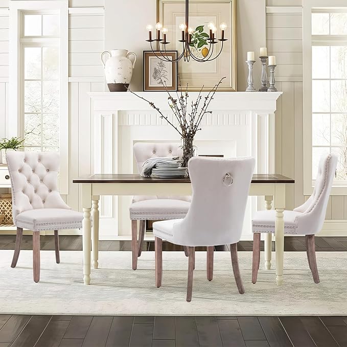 Velvet Upholstered Dining Chairs Set of 4, Modern Style Kitchen Side Chairs with Nailhead Trim and Wood Legs,Metal Pulling Ring for Dining Room Living Room(Beige,Set of 4)