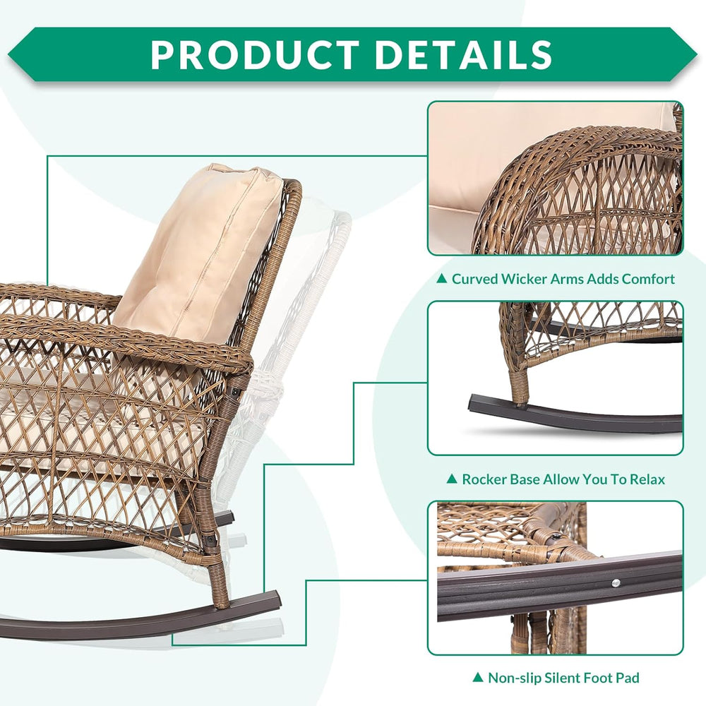 VIVIJASON Outdoor Wicker Rocking Chair, Patio Rattan Rocker Chair with Cushio...