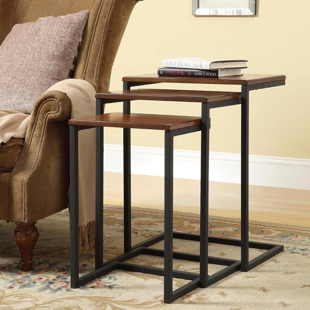 Pemberly Row Contemporary Nesting Table Set, Chestnut Wood Top and Black Meta...