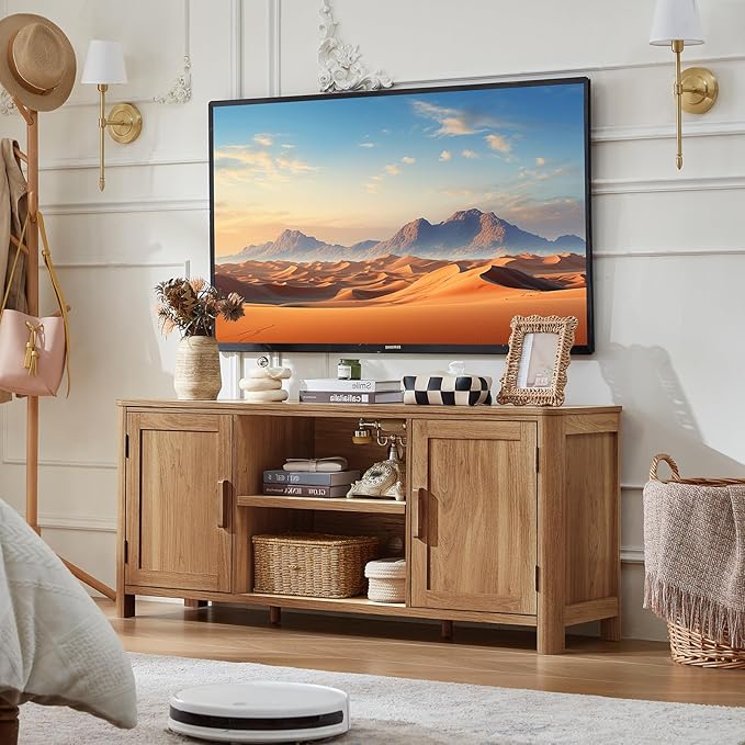 Farmhouse 55" Tv Stand,Dark Wood Entertainment Center with Adjustable Shelves & 2 Door Storage,Wooden Media Console Cabinet for TVs Up to 65 inches, Rustic Tv Stands for Living Room,Bedroom