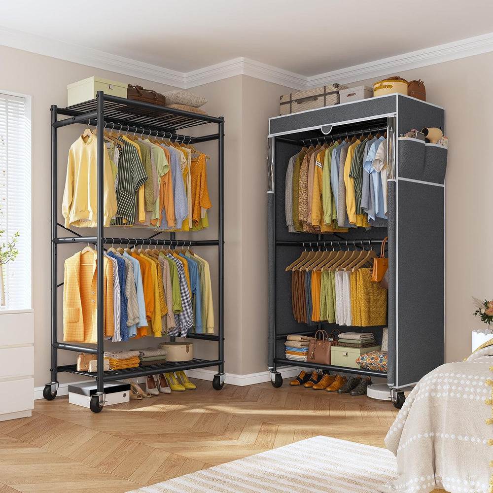 Raybee Clothes Rack with Cover, Rolling Portable Closet with Wheels, 308LBS