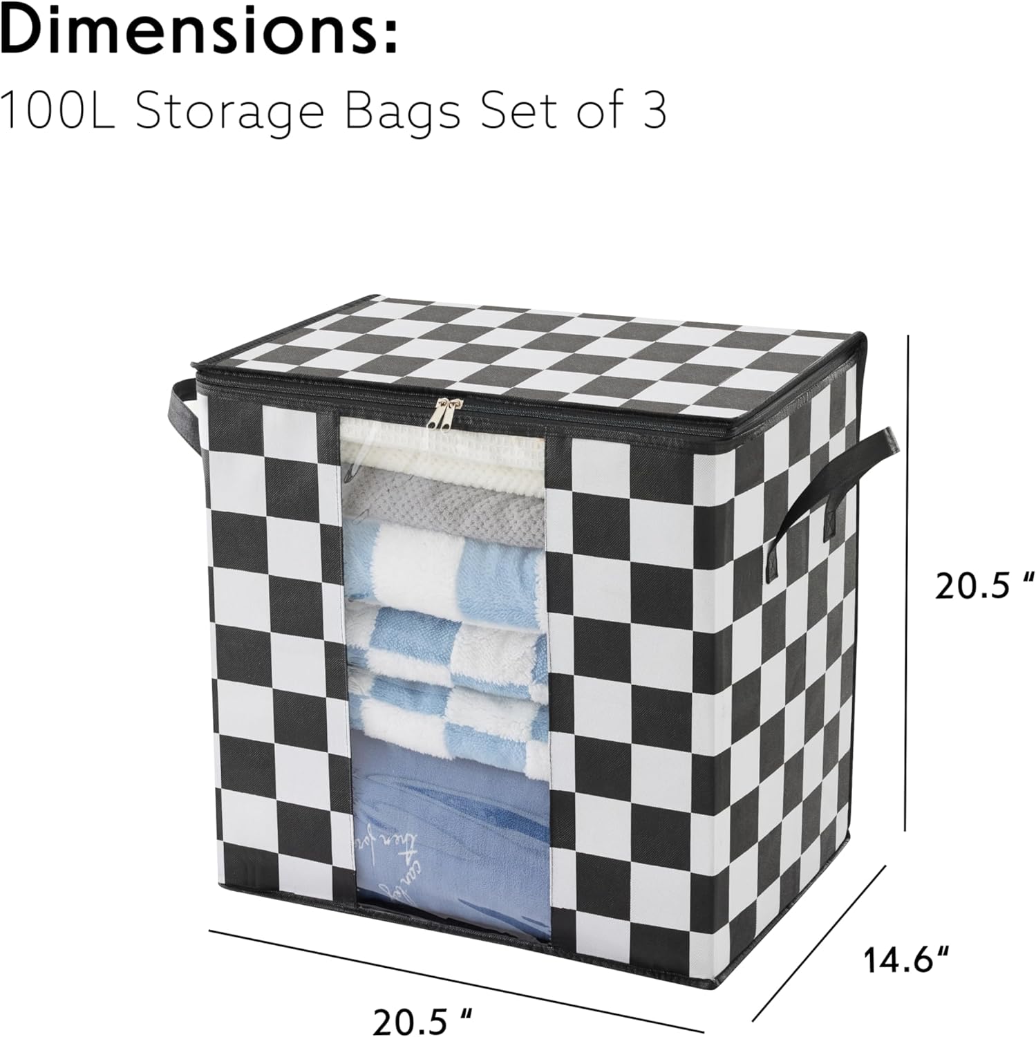 Black and White Checkered Clothes Storage Bins, 100L Large Blanket Storage Bags 3 Pack, Closet Organizers and Storage Containers for Comforters, Bedding, Foldable Organizer with Handle