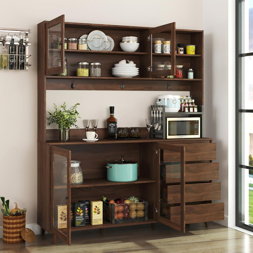 63" Large Kitchen Hutch Cabinet with 4 Doors, 4 Drawers and Microwave Sh...