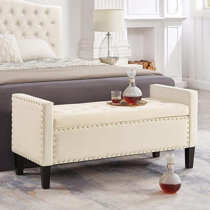 Upholstered Velvet Storage Ottoman Bench with Nail Trims,Soft Padded Seat with Armrest,for Living Room,Bedroom,Entryway,Easy to Assemble,Cream