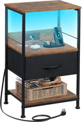 WLIVE LED Night Stand, Nightstand with Charging Station, Small Bed Side Table with Fabric Drawer and Open Shelves, Tall End Table with USB Ports & Outlets, Black and Rustic Brown
