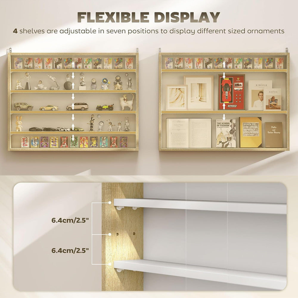 HOMCOM 5-Tier Wall Mounted Display Cabinet Glass Doors 60x80cm White/Oak | Di...