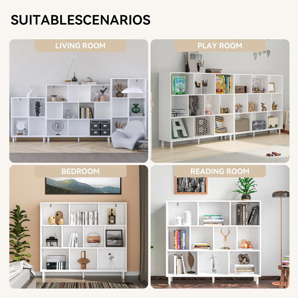 Wood Cube Storage Organizer White Bookshelf - 3-Tier Freestanding Storage Cabinet with Legs for Home Office, 10-Cubes Open Shelf